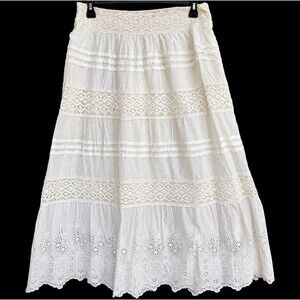 Jennifer & Grace White L Cotton Eyelet Lace Tiered Maxi Skirt Boho Cottage NWT